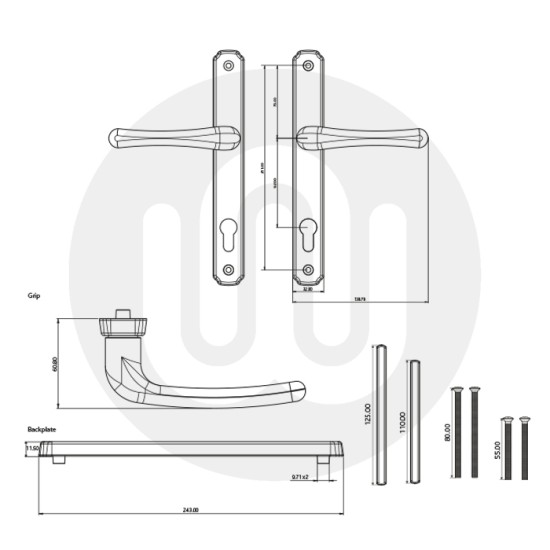 Fab & Fix Heritage Sprung Inline Lever/Lever 92PZ/92PZ Door Handle (243BP/211CRS)