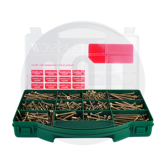 Classic Multi-Purpose Screws - Mixed Tray - PZ - Double Countersunk - Yellow - 895pcs Classic Multi-Purpose Screws - Mixed Tray - PZ - Double Countersunk - Yellow - 895pcs