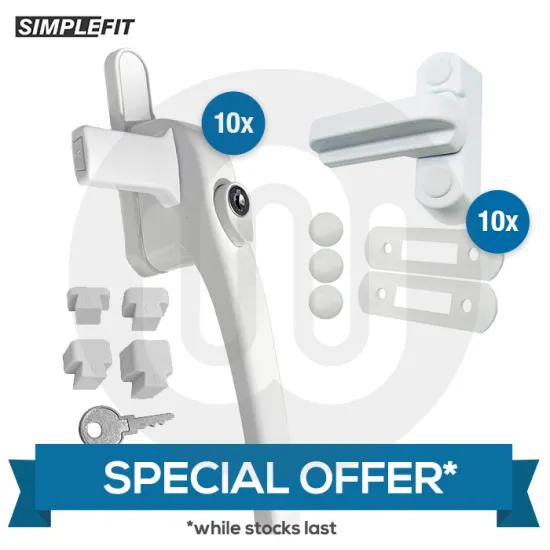 SPECIAL OFFER! 10x Simplefit Handlejammer Security Repair Window Handles & 10x Simplefit High Quality Sash Jammers White
